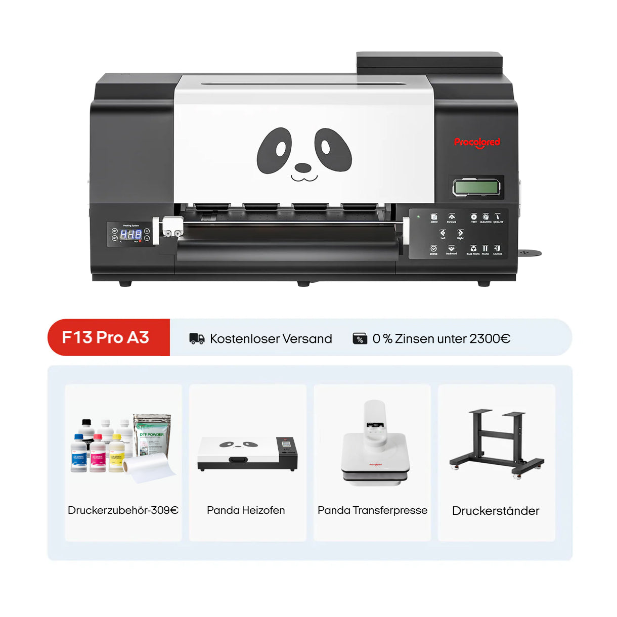 Procolored F13 Pro Panda DTF Drucker 13" A3 Dual XP600 + Ständer & Komplettpaket